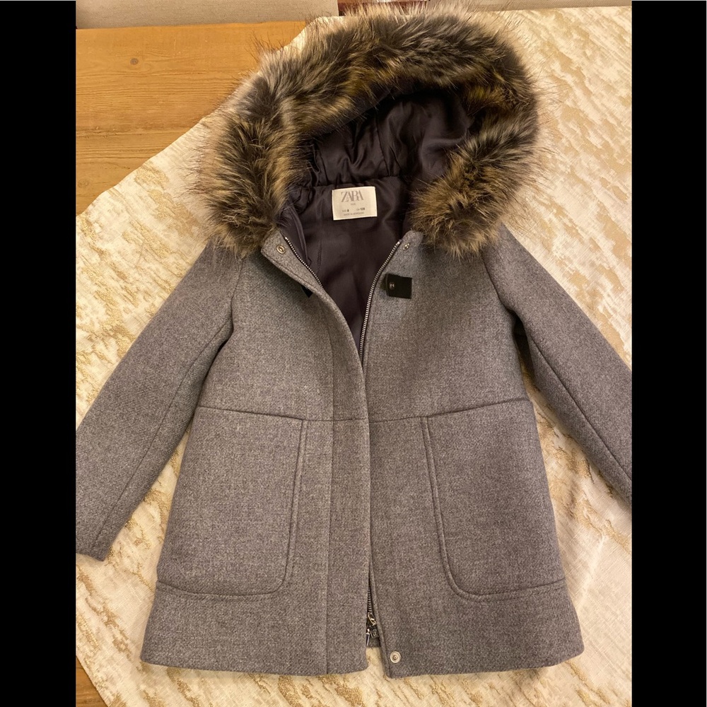 Zara girls size 8 - wool coat - gray with hood